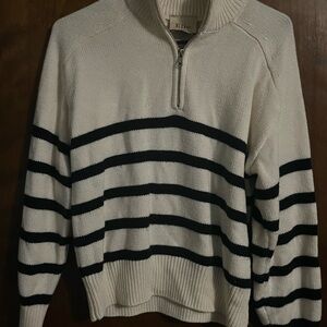 Elie Tahari White and Black Striped Zip-Up Sweater